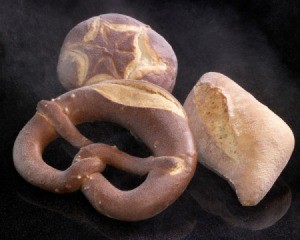 Frozen pretzel, round bread(boule), and square bread.