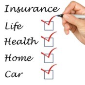 Male hand holding pen against a white background with the word Insurance and under it checkboxes for "Life", "Health", Home", "Car" all checked off in red.