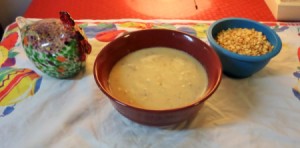 A bowl of split pea soup.