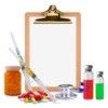 Medical supplies surrounding a clipboard with blank page
