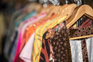 Close up of a rack of vintage clothing