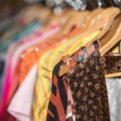 Close up of a rack of vintage clothing