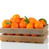 Clementines in wooden box against white background