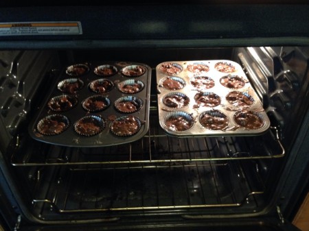 S'mores cupcakes in the oven.