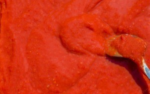 Close-up of tomato sauce being stirred with a spoon