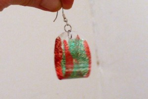 red and green decorated plastic bottle earrings