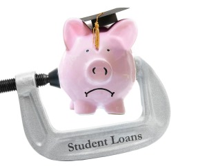 Frowning piggy bank wearing graduation cap being pressed by a metal clamp labelled "Student Loans"