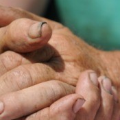 Close up of clasped hands with dirt imbedded under the fingernails