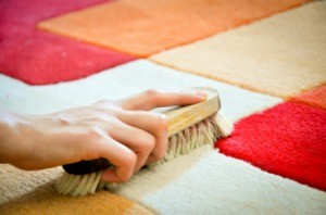 A scrub brush on a colorful rug.