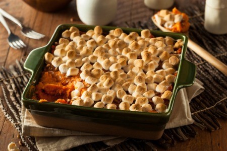 Square Baking Dish with sweet potatoes covered in marshmallows