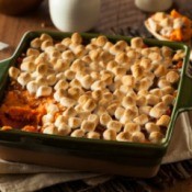 Square Baking Dish with sweet potatoes covered in marshmallows