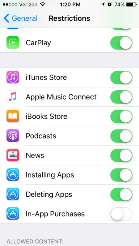 Settings for in-app purchases.