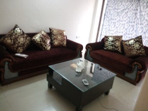 room with two dark brown couches and a coffee table