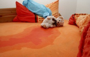 Bed with wet area and teddy bear
