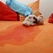 Bed with wet area and teddy bear