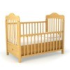 Wooden crib with fitted sheet on a white background