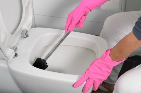 Toilet being scrubbed with a toilet brush by someone wearing pink rubber gloves