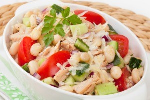 Tuna Salad with tomatoes, white beans, and cucumber.