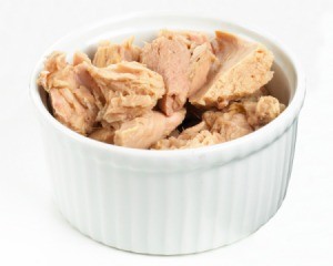Canned Tuna drained in a white dish