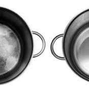 Pot with burnt residue on the left and the same pot cleaned on the right