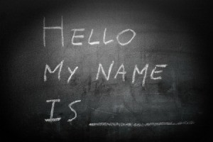 Chalkboard with "Hello My Name Is _____" written on it.