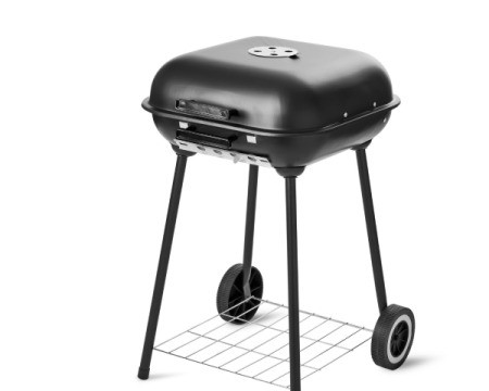Black Charcoal Grill with lid closed on a white background