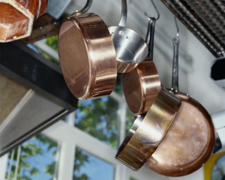 Pots and Pans hanging from hooks