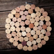 Trivet (hot pad) made from wine corks inside metal hoop