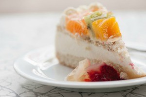 Slice of Ssaeng Cream Cake (Korean style sponge cake with whipped cream frosting and fruit)