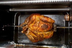 Home rotisserie oven with chicken on spin