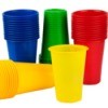 Four stacks of plastic cups red, yellow, green, and blue