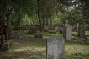 Old cemetery with tombstones and trees