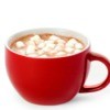 Red mug containing hot chocolate with mini marshmallows