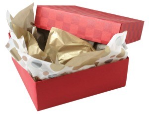 Opened wrapped gift box with tissue