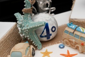 Display of items surrounding a silver ball ornament with 40 written on it