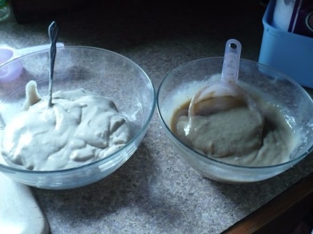 Crepe batter and mashed bananas.