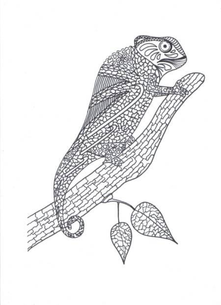 A coloring page featuring a chameleon.
