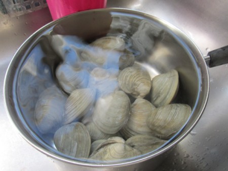Linguine with Fresh Clam Sauce - washing clams in a pot of water.