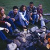 Teens roasting marshmallows around a campfire.
