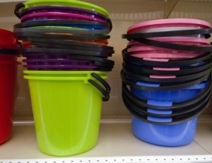 Plastic Buckets stacked on shelf in store