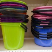 Plastic Buckets stacked on shelf in store