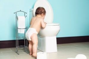 Toddler looking in open toilet