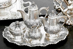 Silver tea set on tray