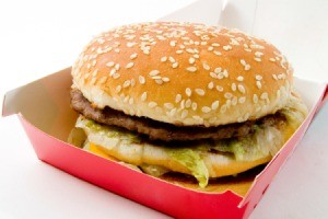 Big Mac type burger in red burger carton
