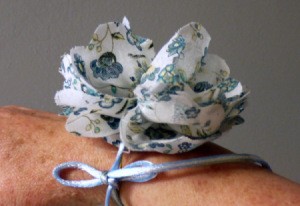 blue and white floral fabric wrist corsage