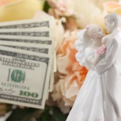 Bride and Groom porcelin decoration next to hundred dollar bills