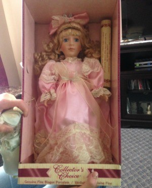 doll wearing pink dress in box