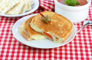 Grilled Cheese and Tomato Sandwich on red plaid tablecloth