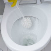 Toilet with lime deposits being cleaned with toilet brush