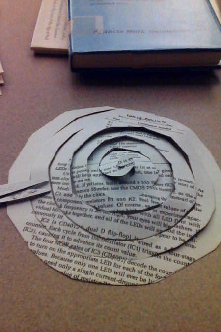 A circle cut in a spiral pattern, to make a rosette.